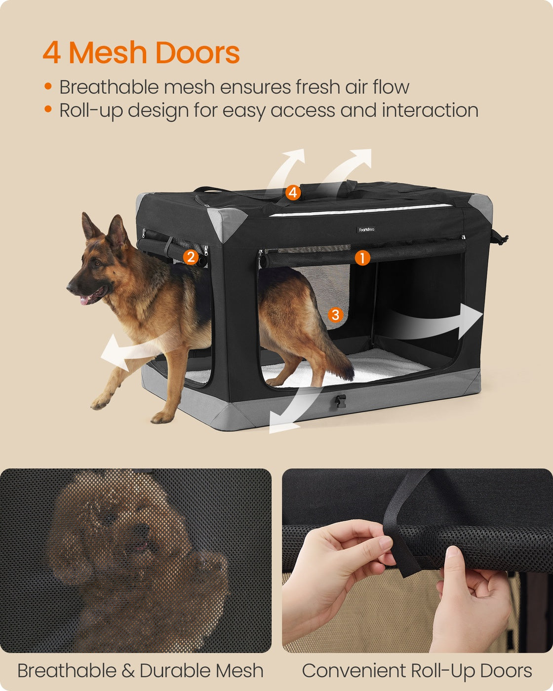 Collapsible Fabric Dog Crate - 42 Inch - Mesh Doors - Folds Flat For Travel