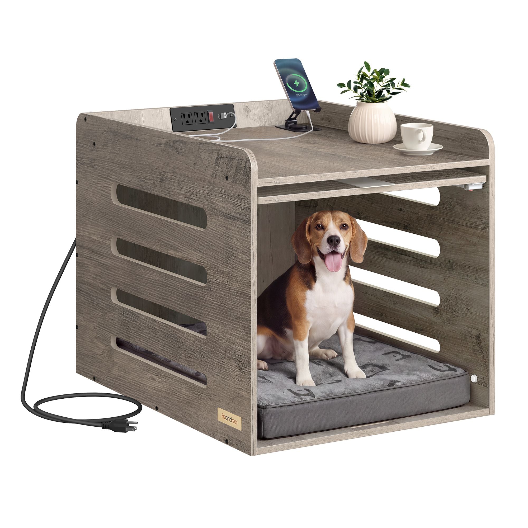 Modern Dog Crate Furniture with Flip-Up Hidden Door - Greige