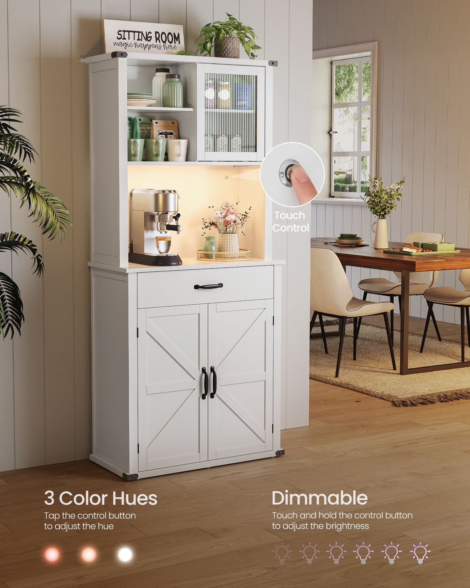 Pantry Cabinet, Adjustable Light, Power Strip, Microwave Hutch, Drawer, Sliding Door