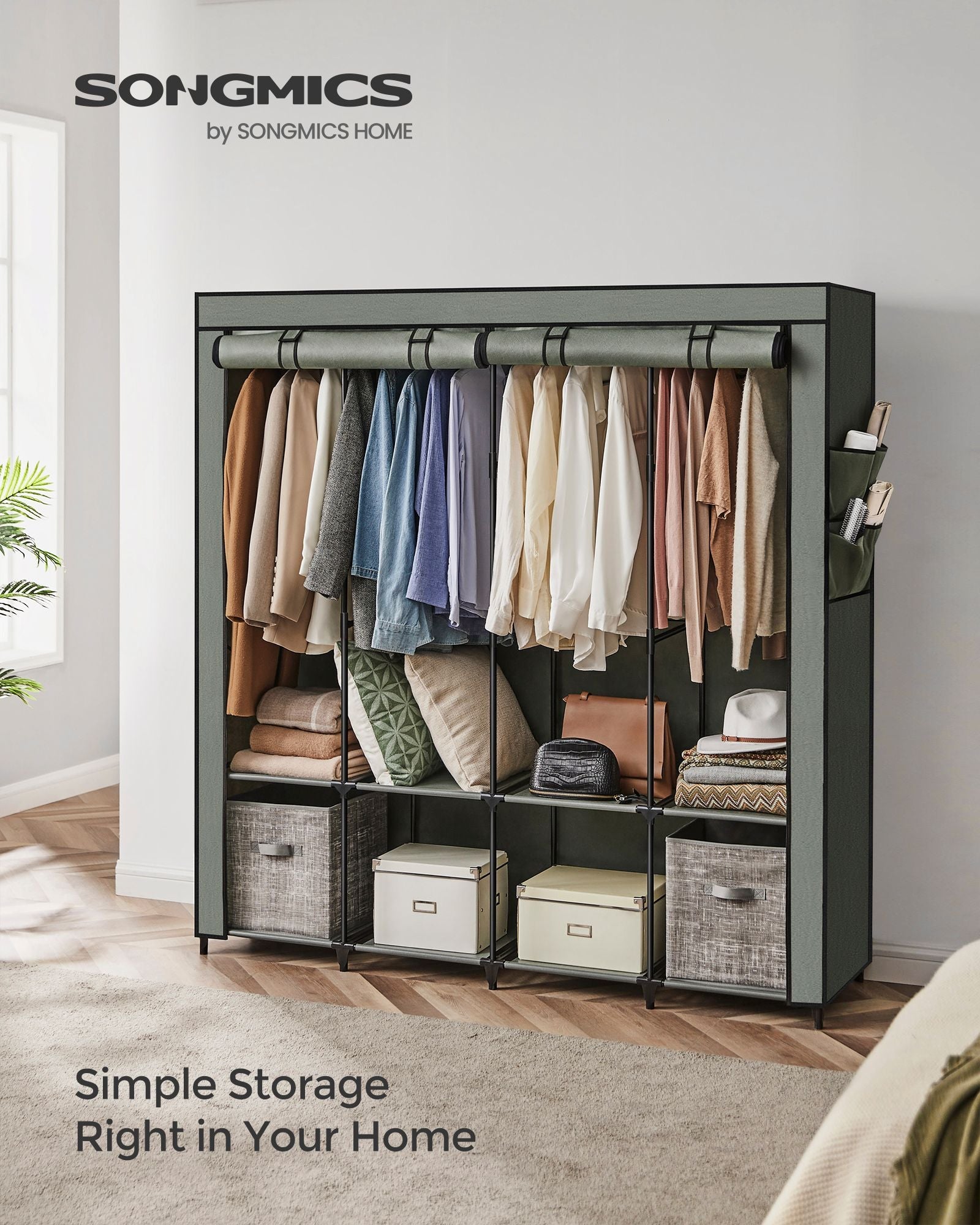 Portable wardrobe closet – hanging space and shelves – steel frame – 4 side pockets