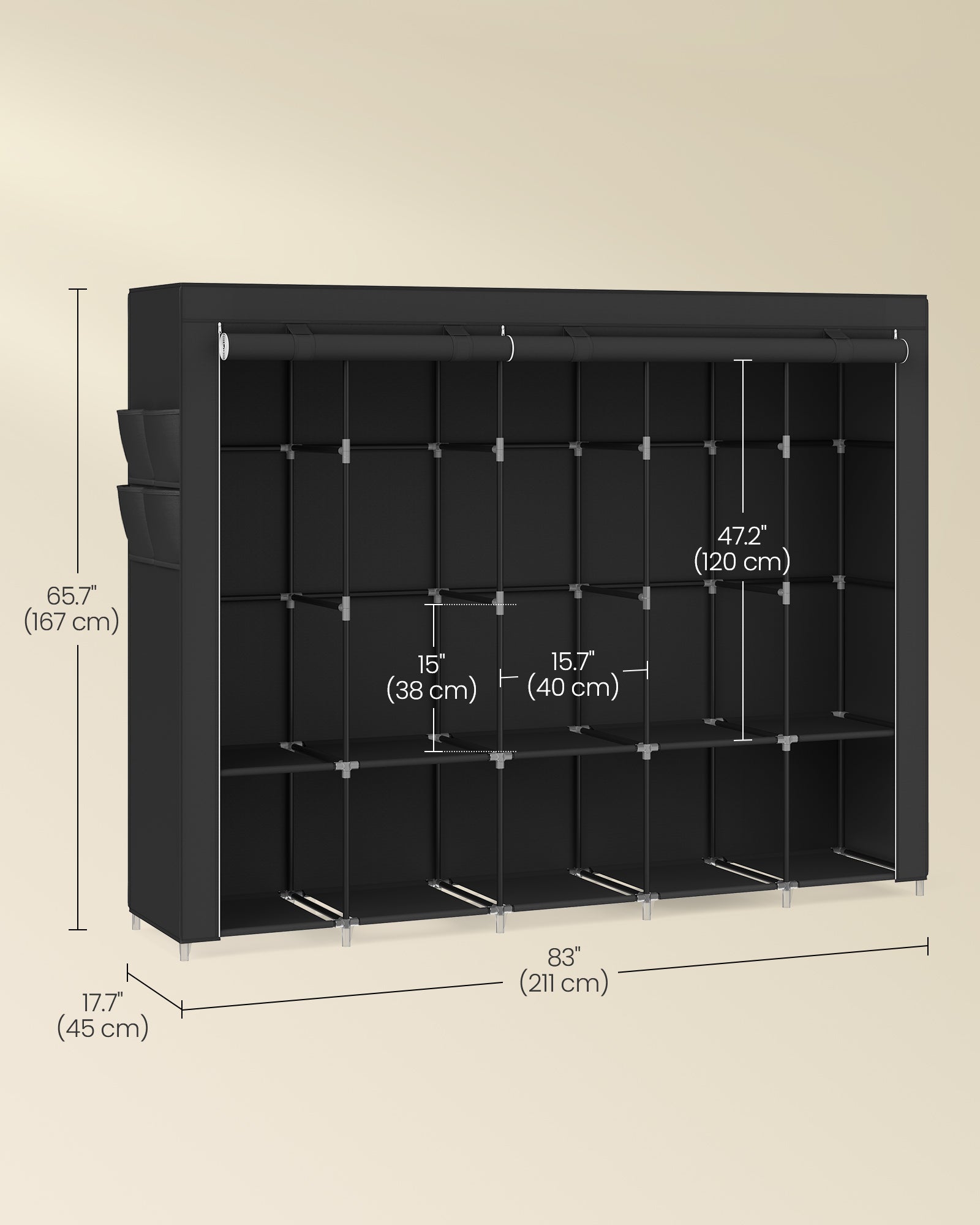 Portable wardrobe closet – hanging space and shelves – steel frame – 4 side pockets