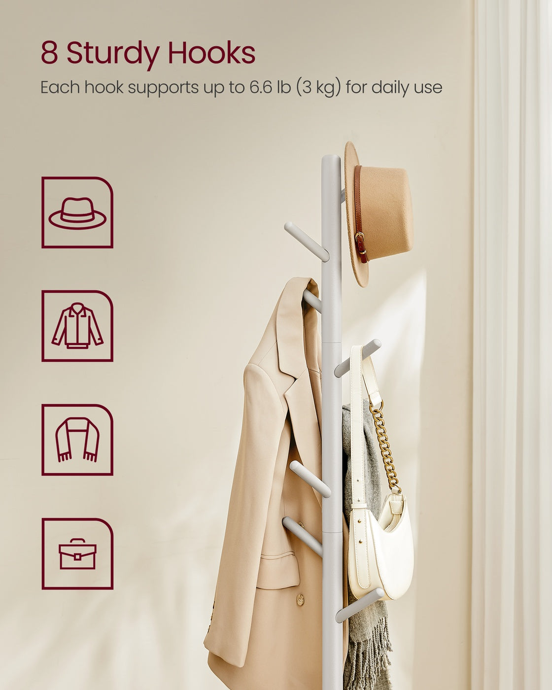 Solid Wood Coat Rack - 8 Hooks - Free Standing