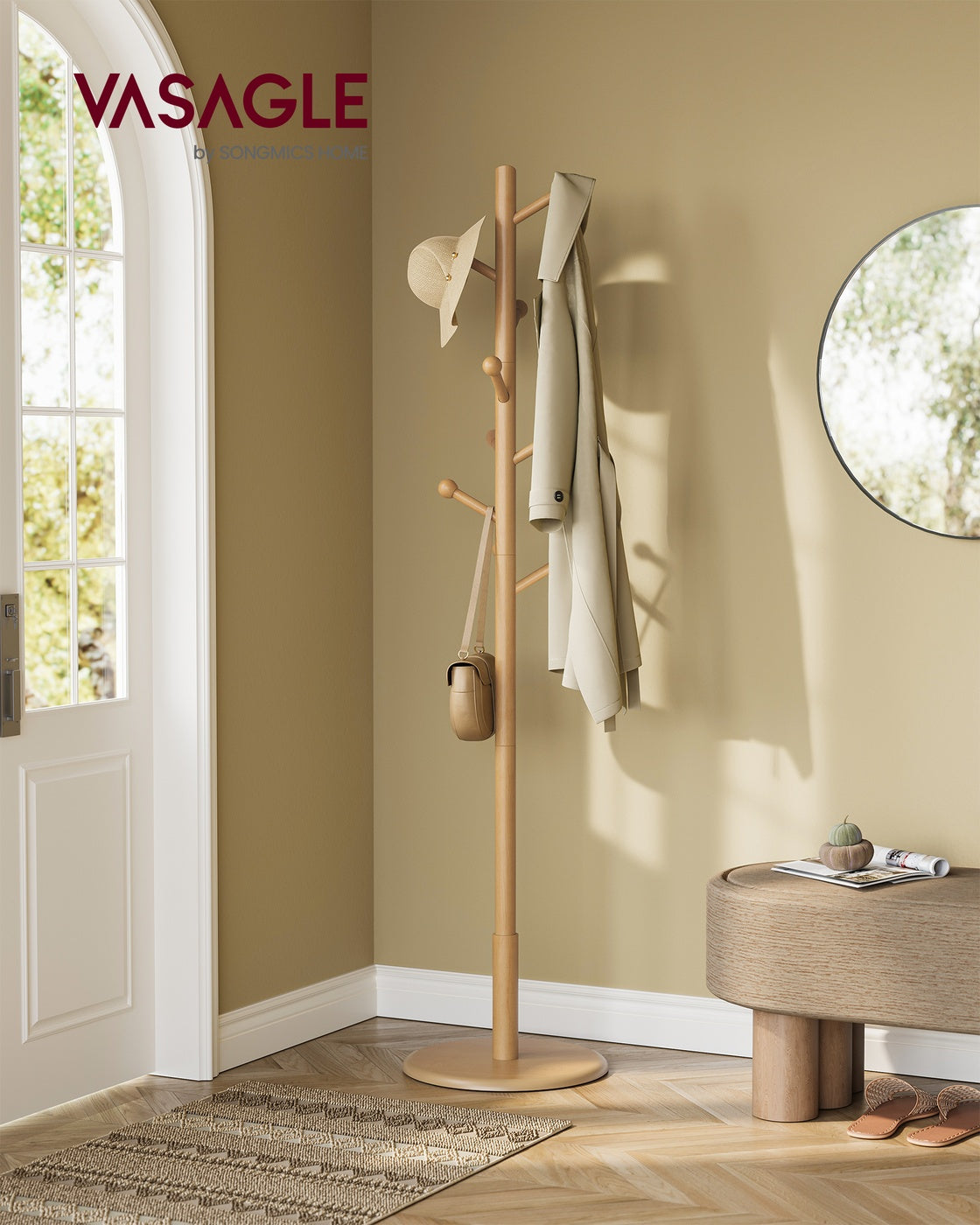 Solid Wood Coat Rack - 7 Hooks - Adjustable Height - 69 Inch