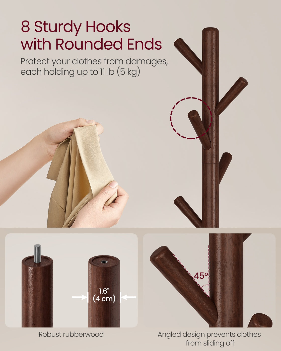 Solid Wood Coat Rack with 8 Hooks Caramel Brown