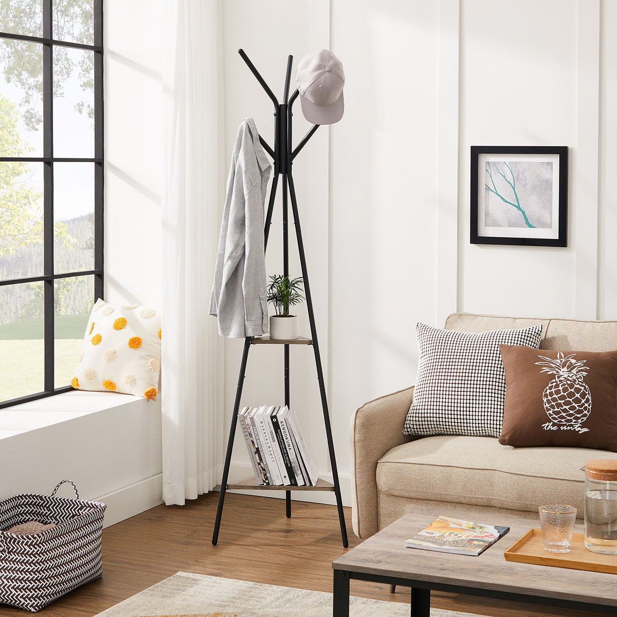 Coat Hanger Stand - Hall Tree with 2 Shelves