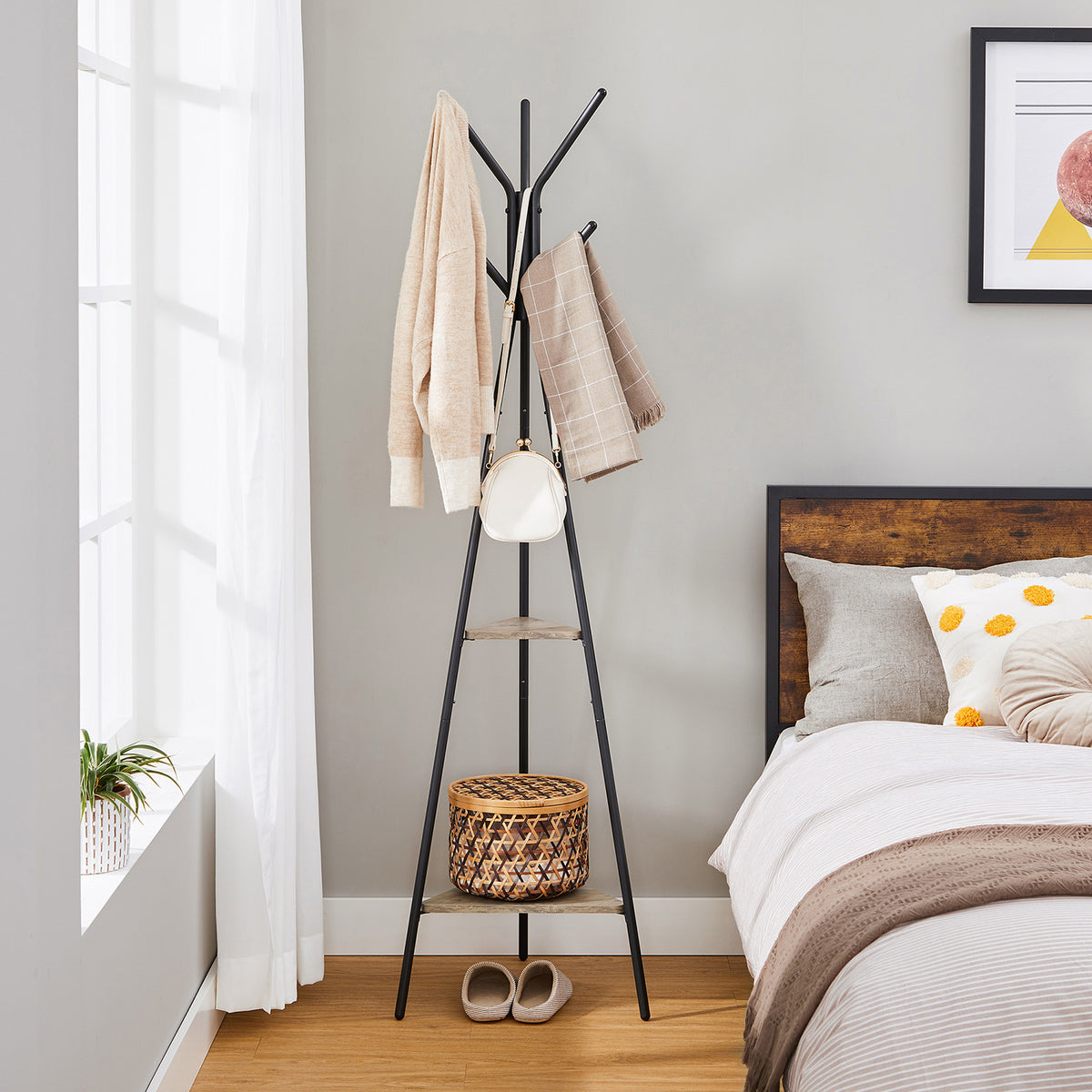 Coat Hanger Stand - Hall Tree with 2 Shelves