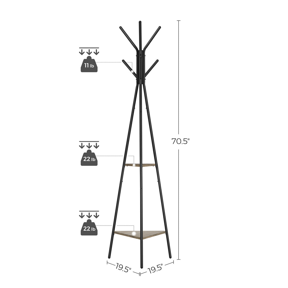 Coat Hanger Stand - Hall Tree with 2 Shelves