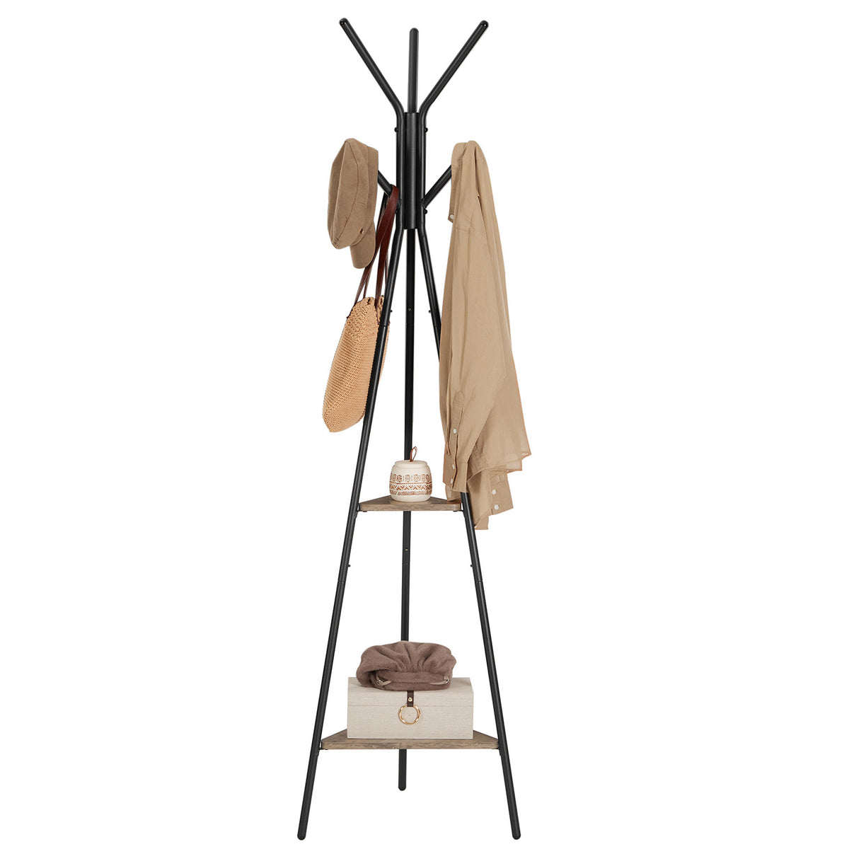 Coat Hanger Stand - Hall Tree with 2 Shelves