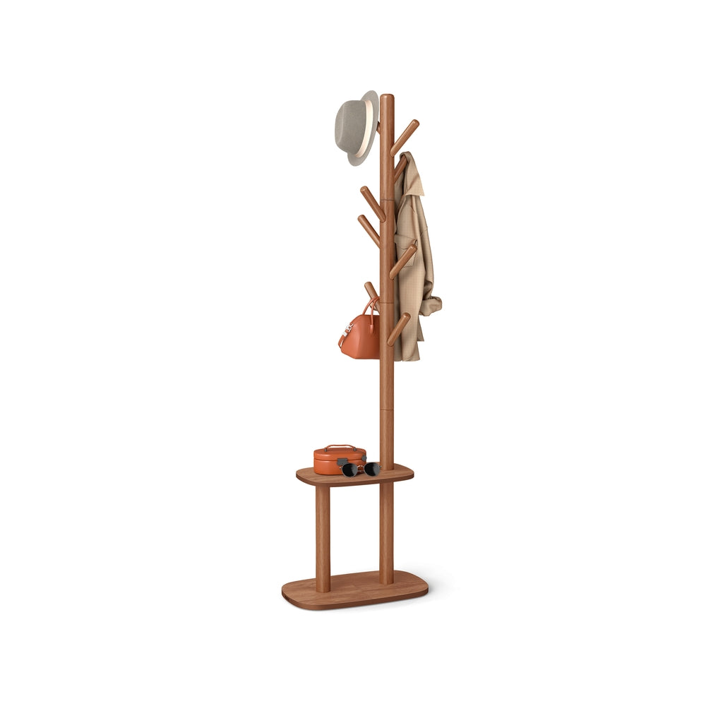 Hall Coat Tree - 8 Hooks - Storage Shelf - 67 Inch - Walnut