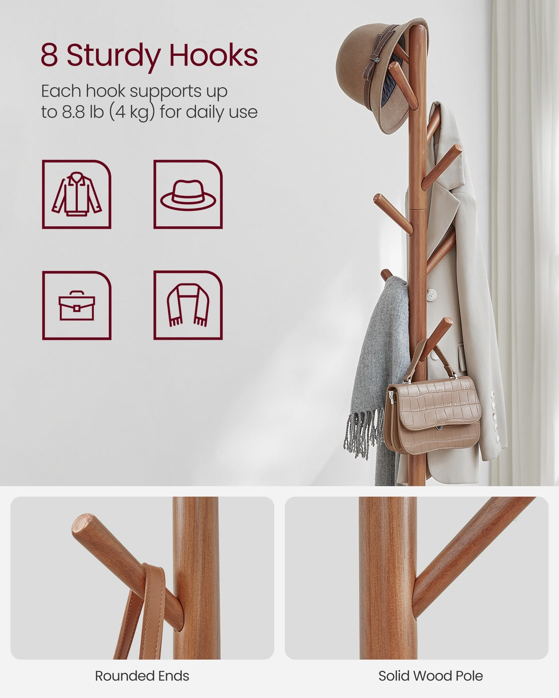 Hall Coat Tree - 8 Hooks - Storage Shelf - 67 Inch