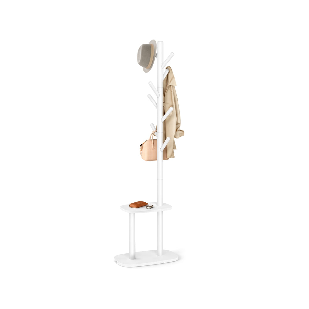 Hall Coat Tree - 8 Hooks - Storage Shelf - 67 Inch - White