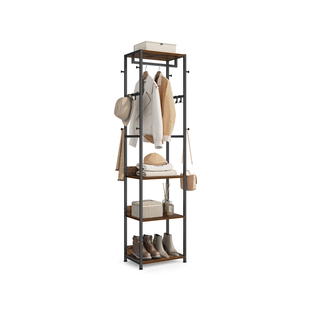 Freestanding Hall Tree - 71 Inch - Shelves And Hanging Rail - Black + Brown