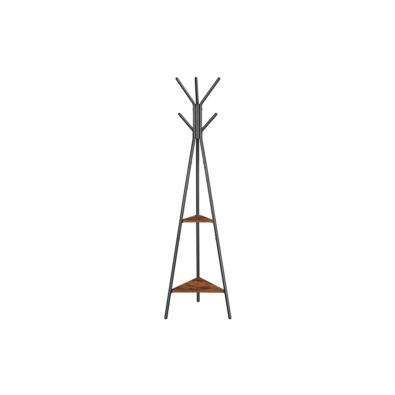 Coat Hanger Stand - Hall Tree with 2 Shelves - Rustic Brown, Black