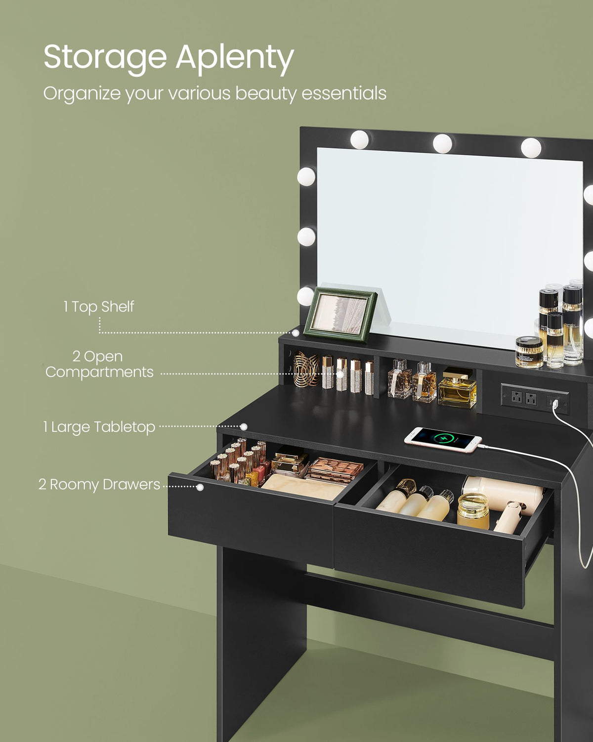 Vanity Desk with Power Outlets - Mirror and Lights - Ink Black