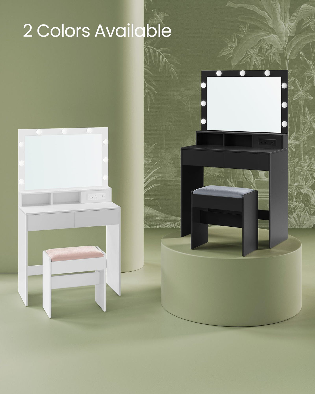 Vanity Desk with Power Outlets - Mirror and Lights - Ink Black