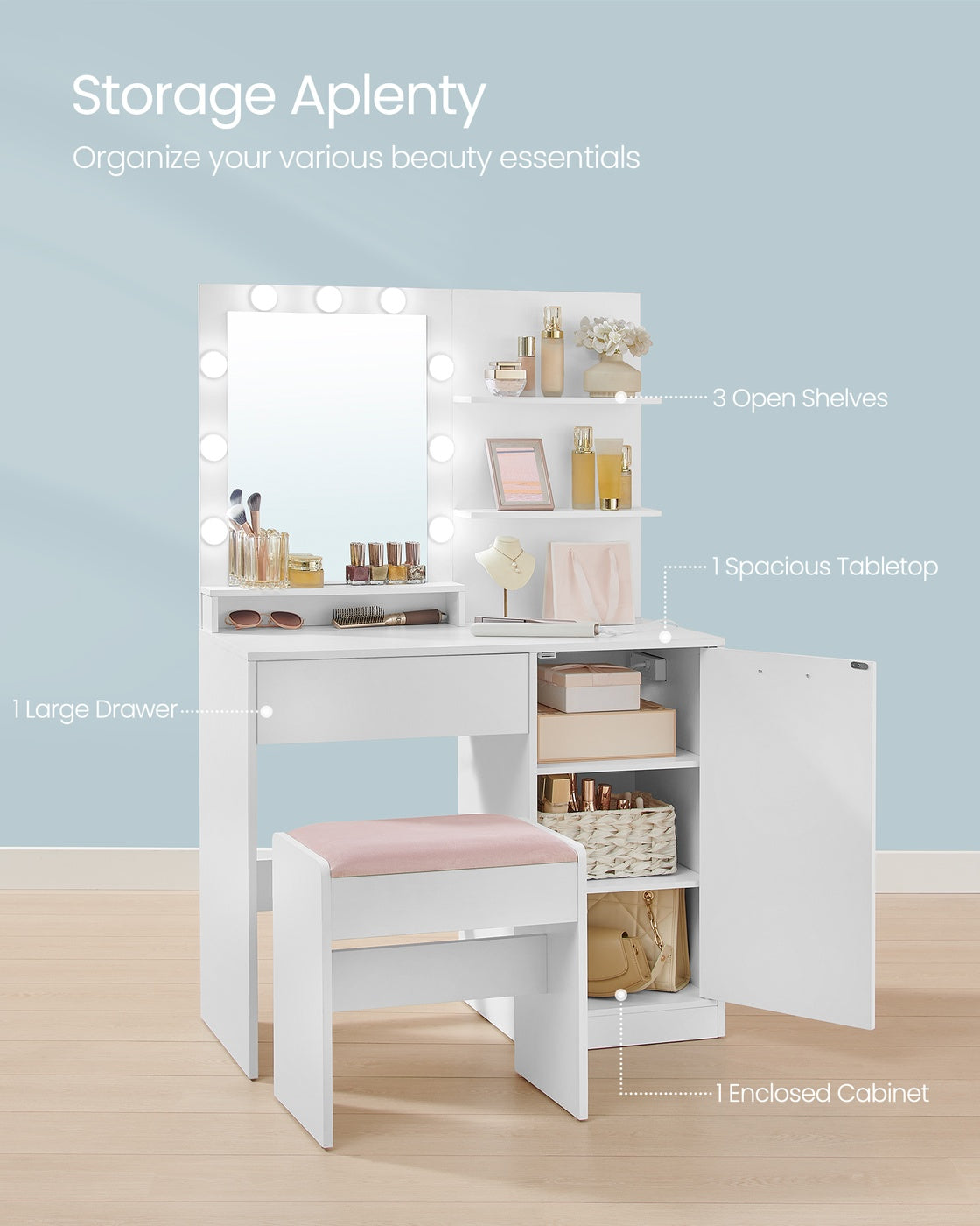 Vanity Desk - Dimmable LED Lights - Vanity Stool - Storage Drawer