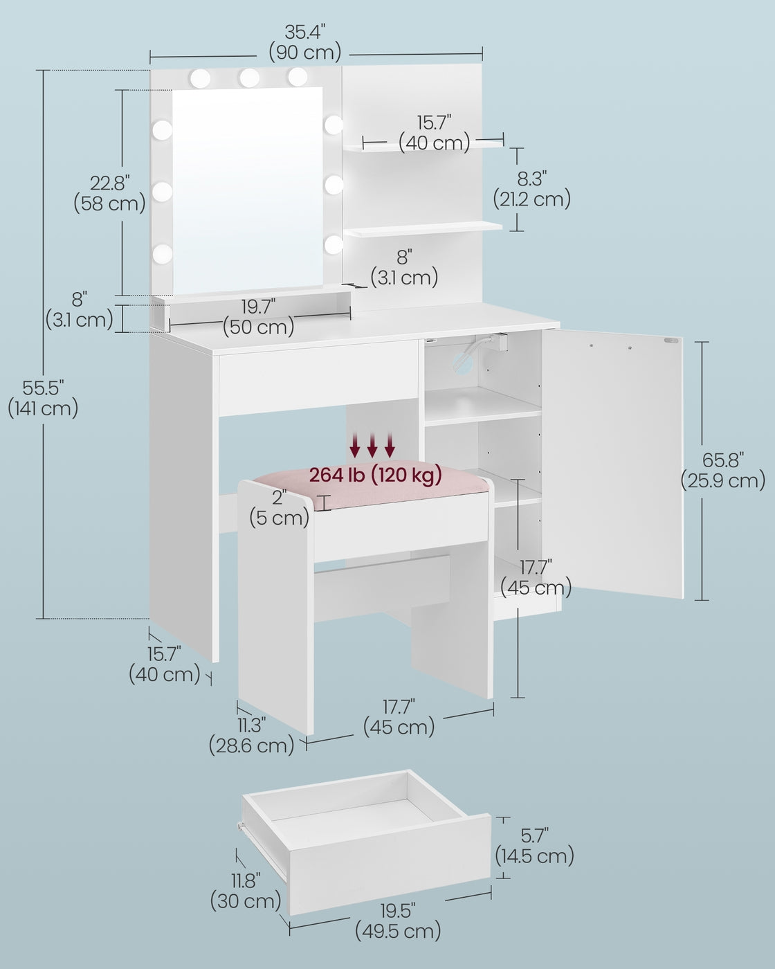 Vanity Desk - Dimmable LED Lights - Vanity Stool - Storage Drawer
