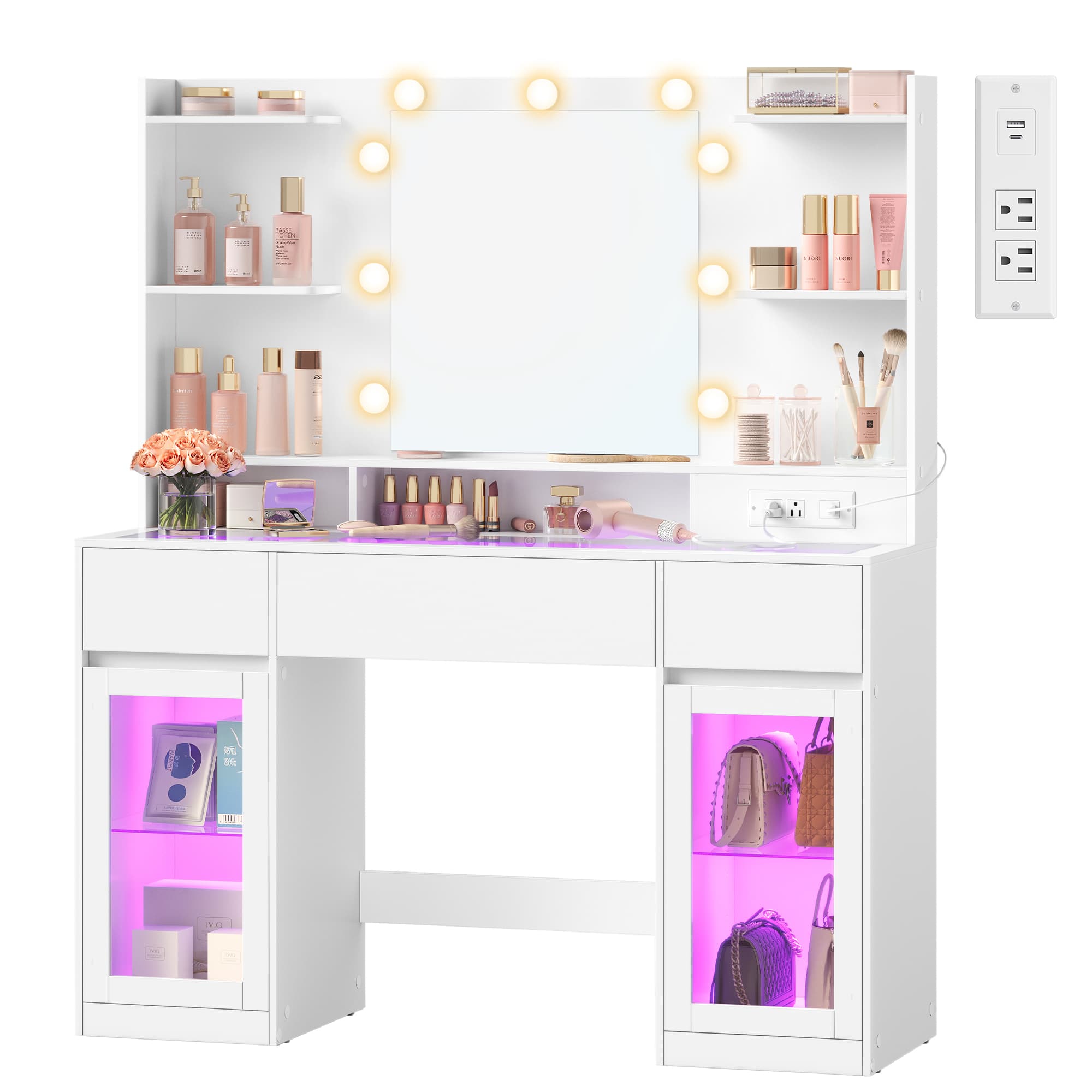 Vanity Desk with LED Lights and Power Outlet