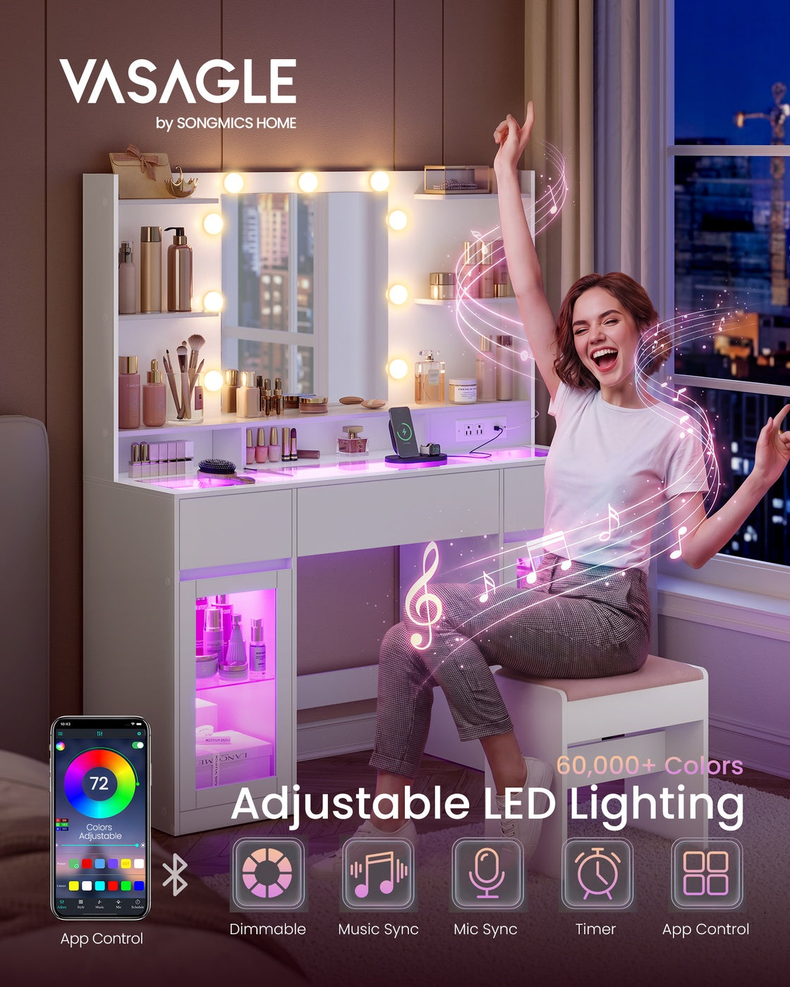 Vanity Desk with LED Lights and Power Outlet
