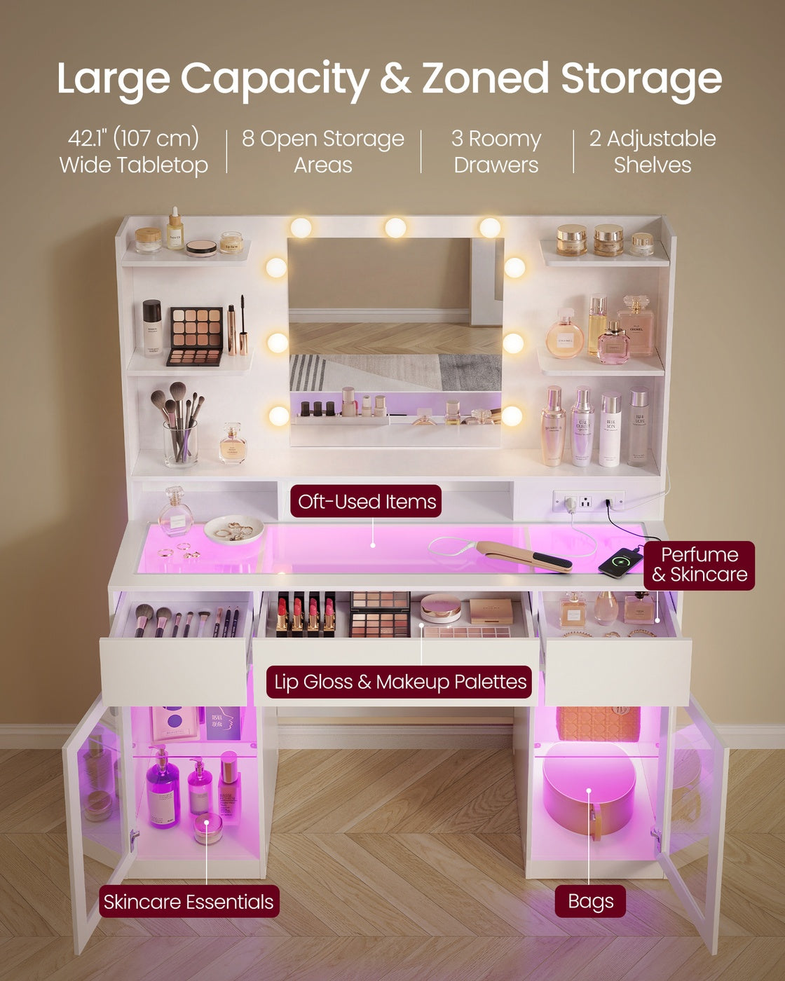Vanity Desk with LED Lights and Power Outlet