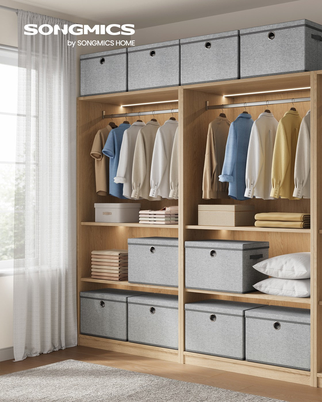 Stackable Fabric Storage Boxes - With Lids and Handles - Closet Organizers - Set of 3