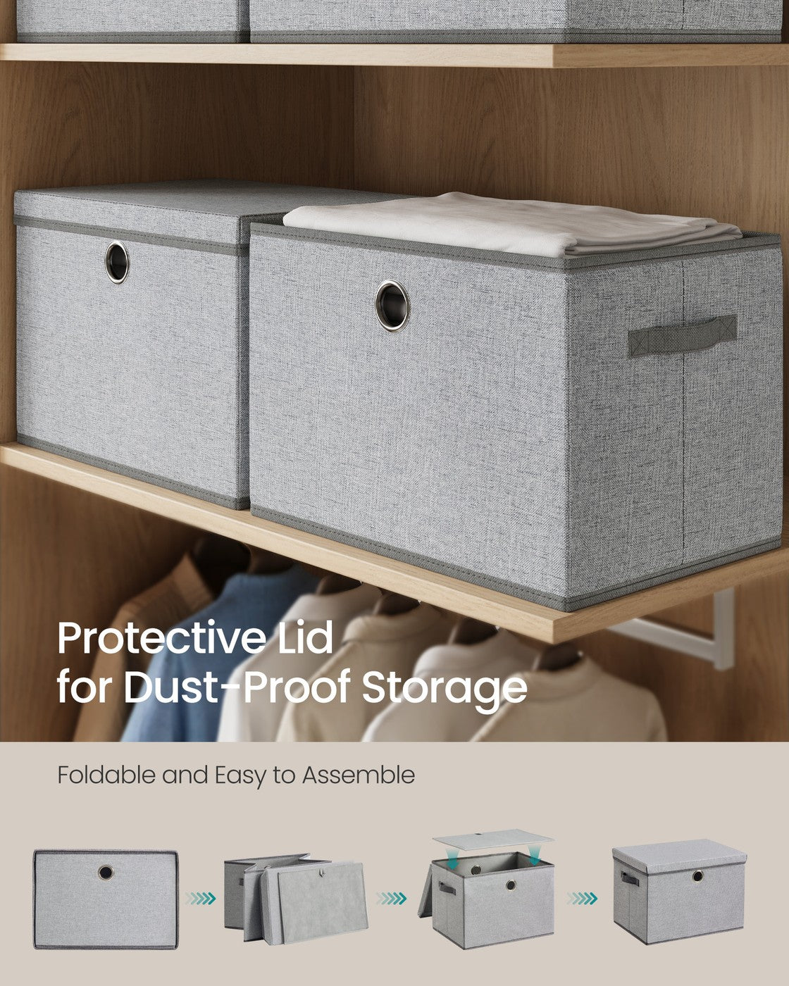 Stackable Fabric Storage Boxes - With Lids and Handles - Closet Organizers - Set of 3