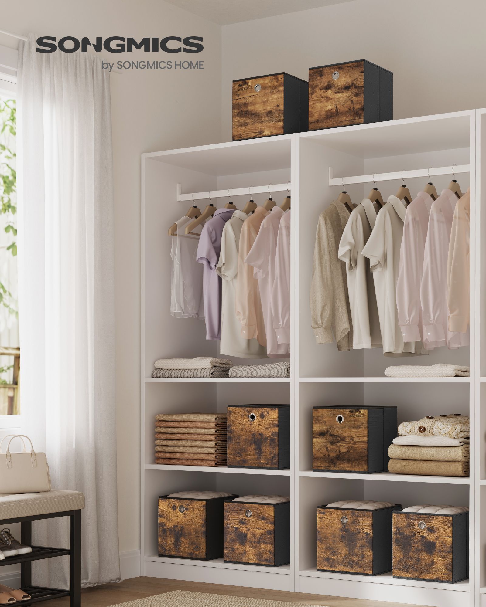 Storage Cubes - Set of 8 Storage Bins - Foldable Fabric Storage Boxes - 10.2 x 10.2 x 11 Inches - Fit Cube Storage Unit - for Clothes - Bedroom - Living Room - Rustic Brown and Ink Black URFB826B01