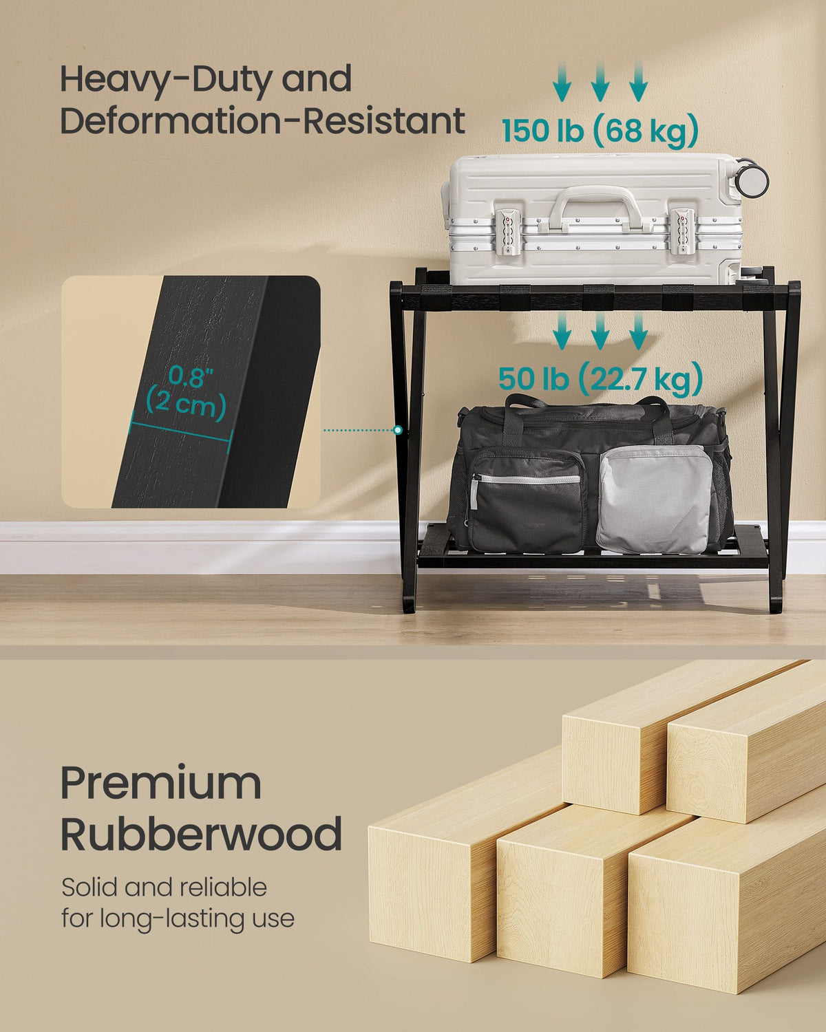 Solid Wood Luggage Rack - No Assembly Required - Foldable Suitcase Stand - Luggage Holder