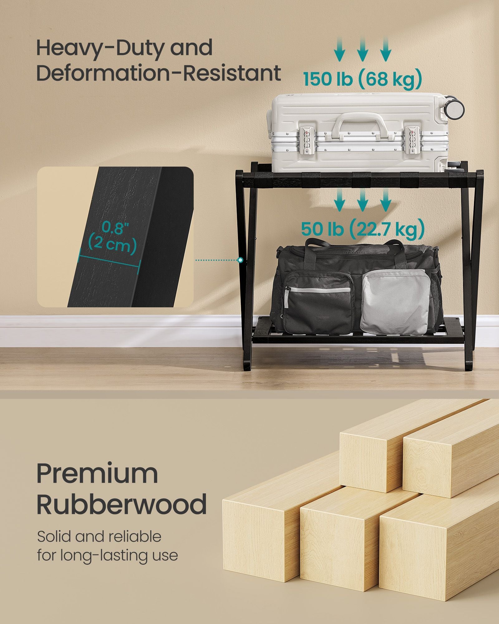 Solid Wood Luggage Rack - No Assembly Required - Foldable Suitcase Stand - Luggage Holder