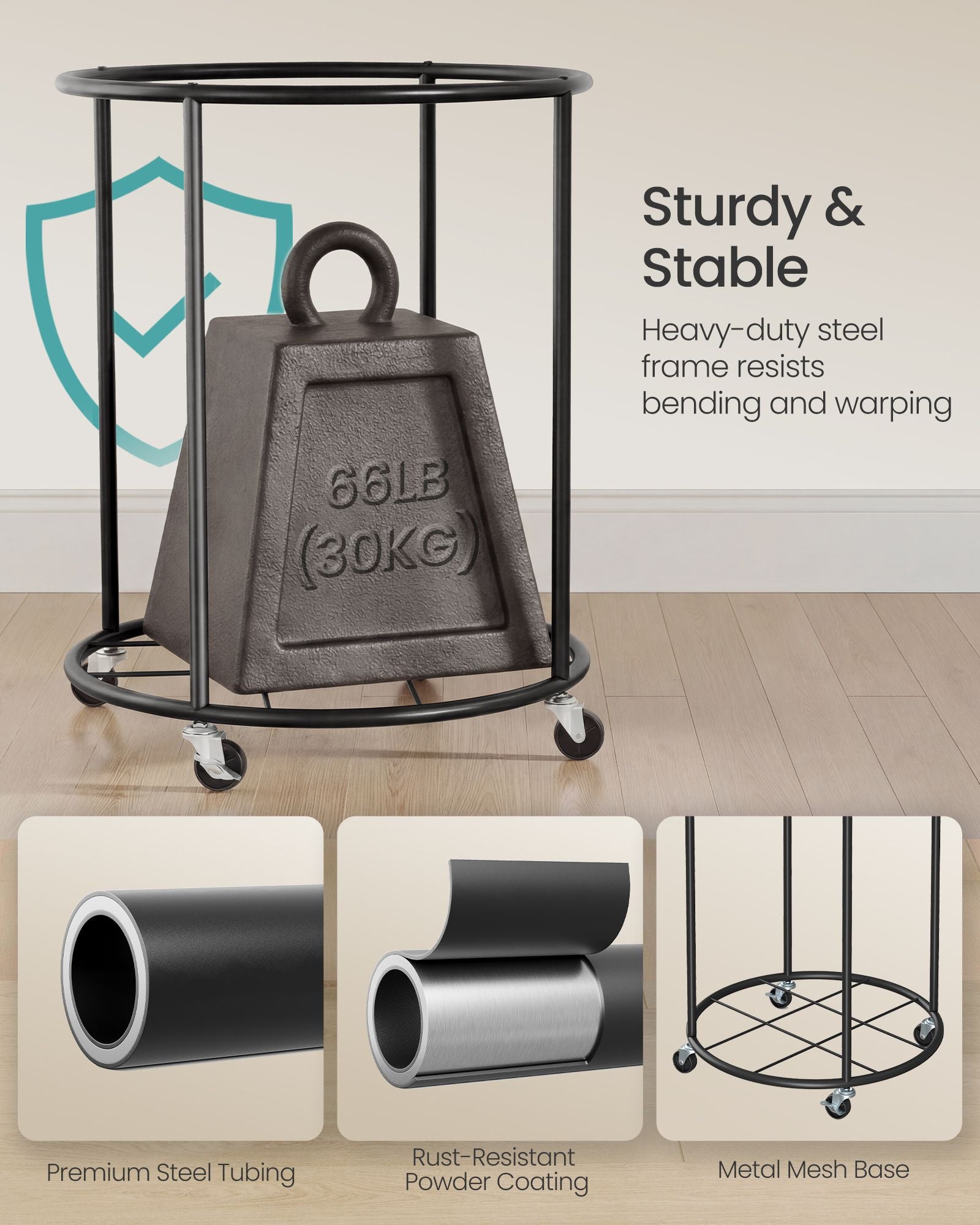 Laundry Basket with Wheels - Rolling Laundry Hamper with Steel Frame - Round Black