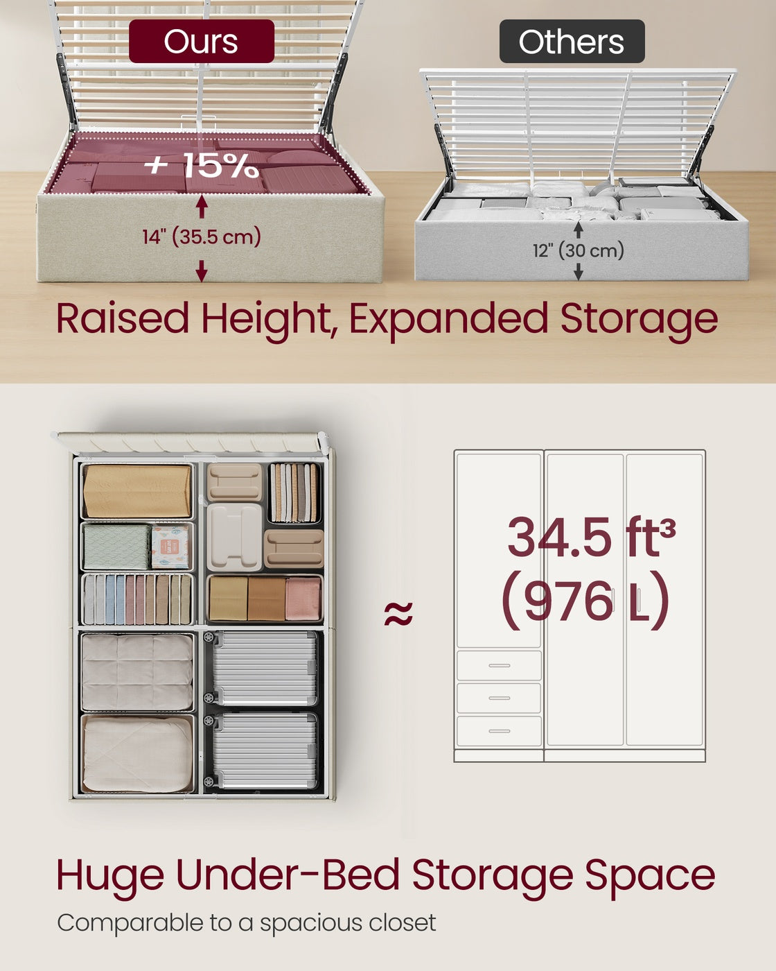 Lift Up Storage Bed Frame Queen Size - Cappuccino Beige