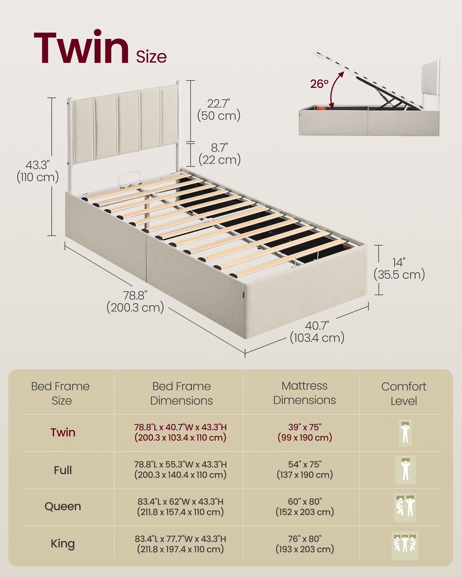 Lift Up Storage Bed Frame Twin Size - Hydraulic Platform Bed