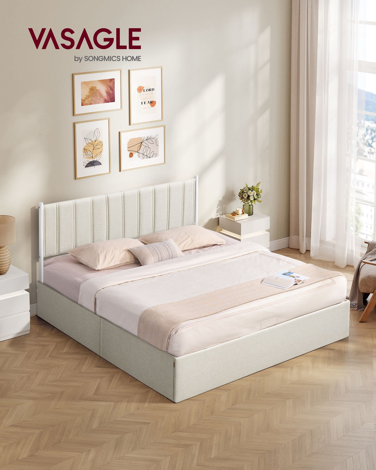 Lift-Up Storage Bed Frame - King Size - Upholstered Headboard
