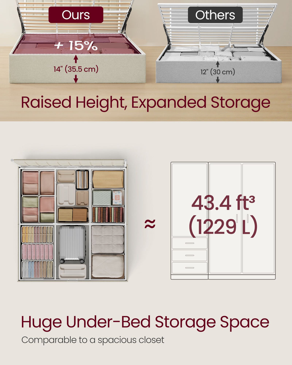Lift-Up Storage Bed Frame - King Size - Upholstered Headboard