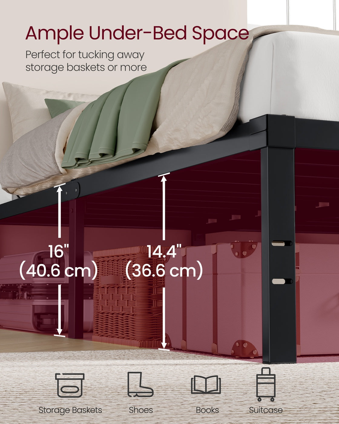 Queen Metal Bed Frame 16 Inches Tall - Matte Black