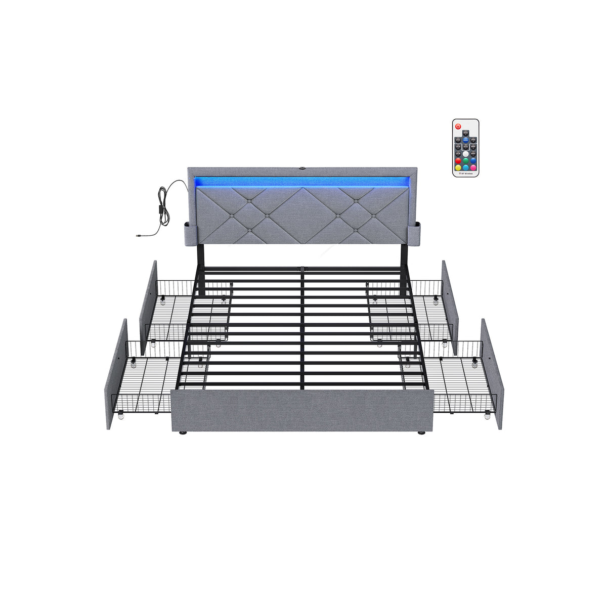 LED Bed Frame Queen Size with Headboard and 4 Drawers - Light Grey