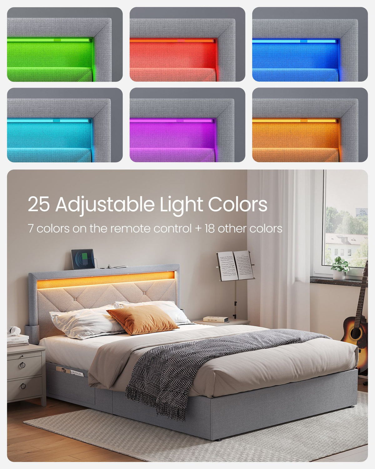 LED Bed Frame Queen Size with Headboard and 4 Drawers - Light Grey