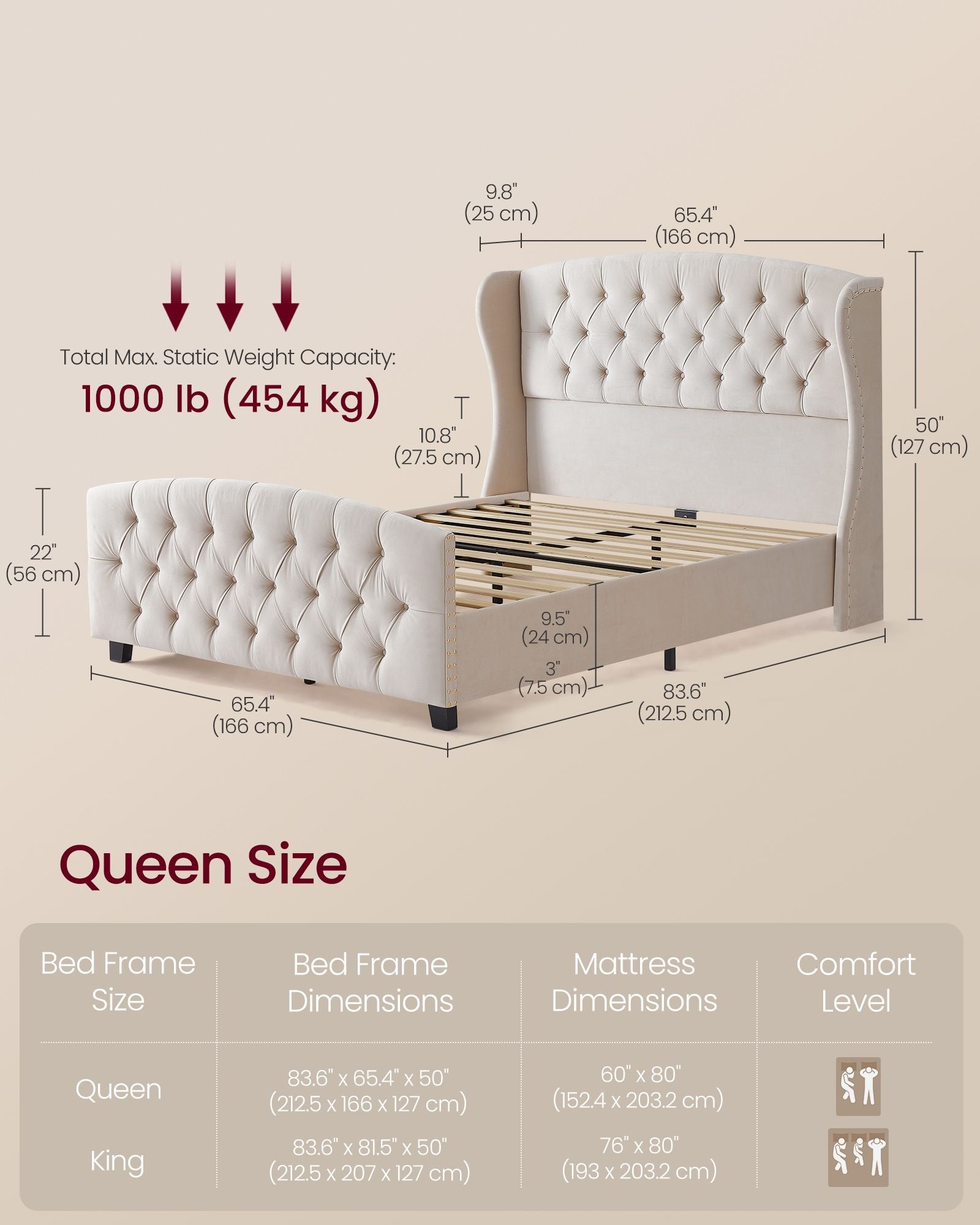 Queen Bed Frame with Tall Headboard and Upholstered Platform - Cappuccino Beige