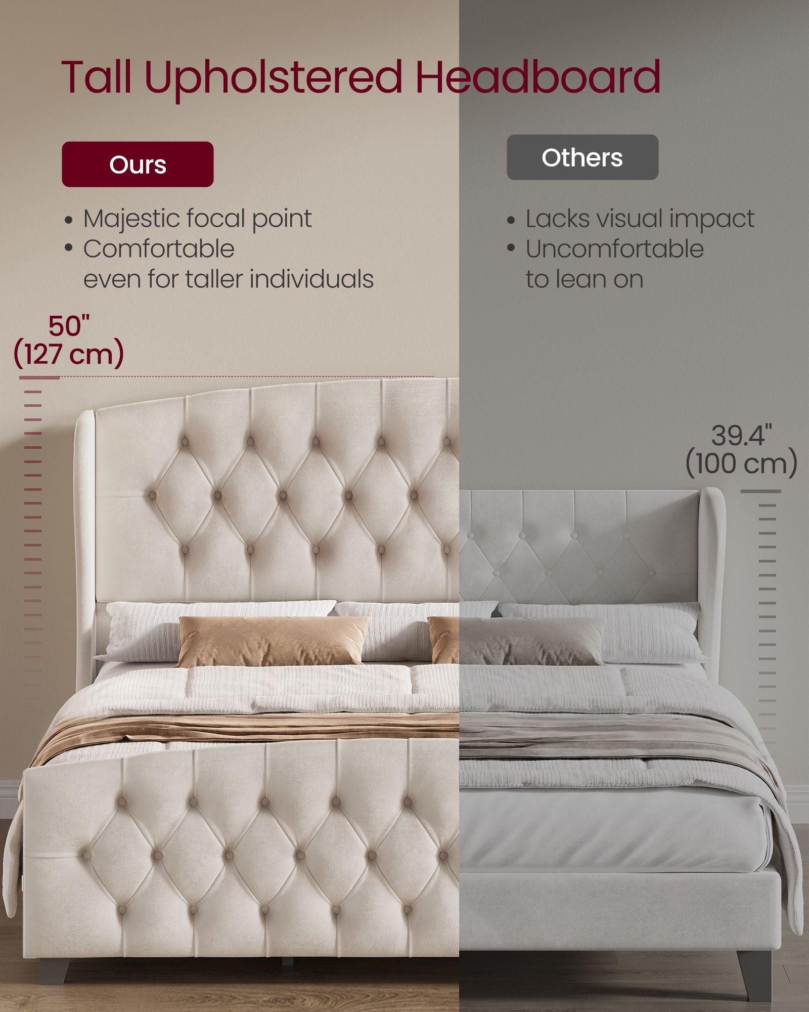 Queen Bed Frame with Tall Headboard and Upholstered Platform - Cappuccino Beige