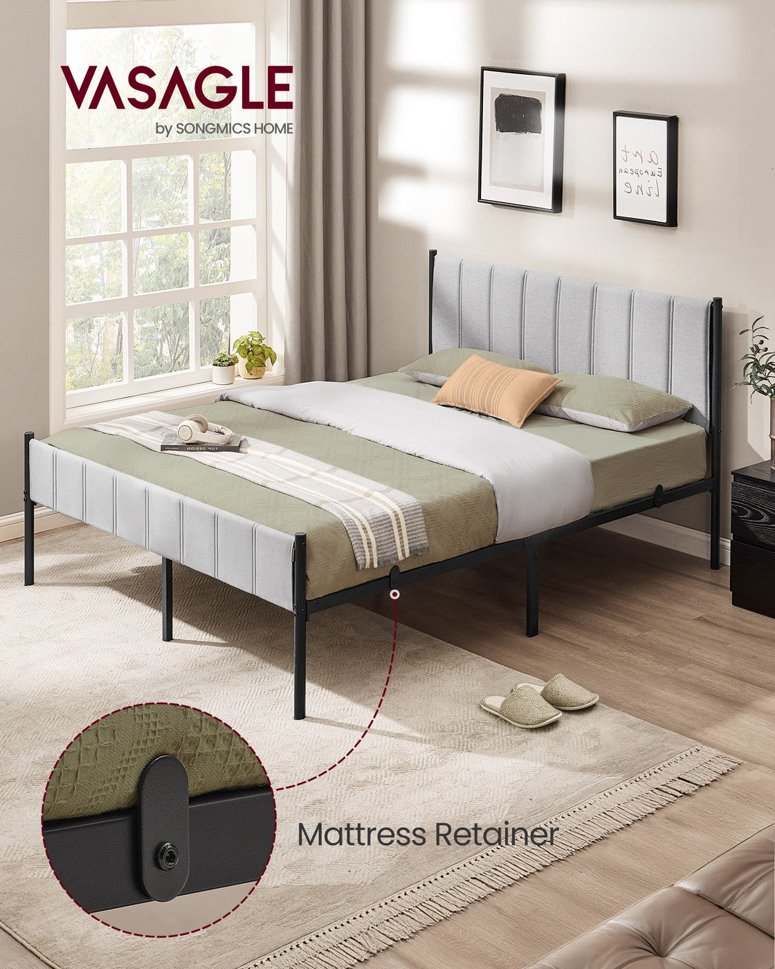 Queen Bed Frame - Upholstered Headboard - Steel Frame - No Box Spring Needed
