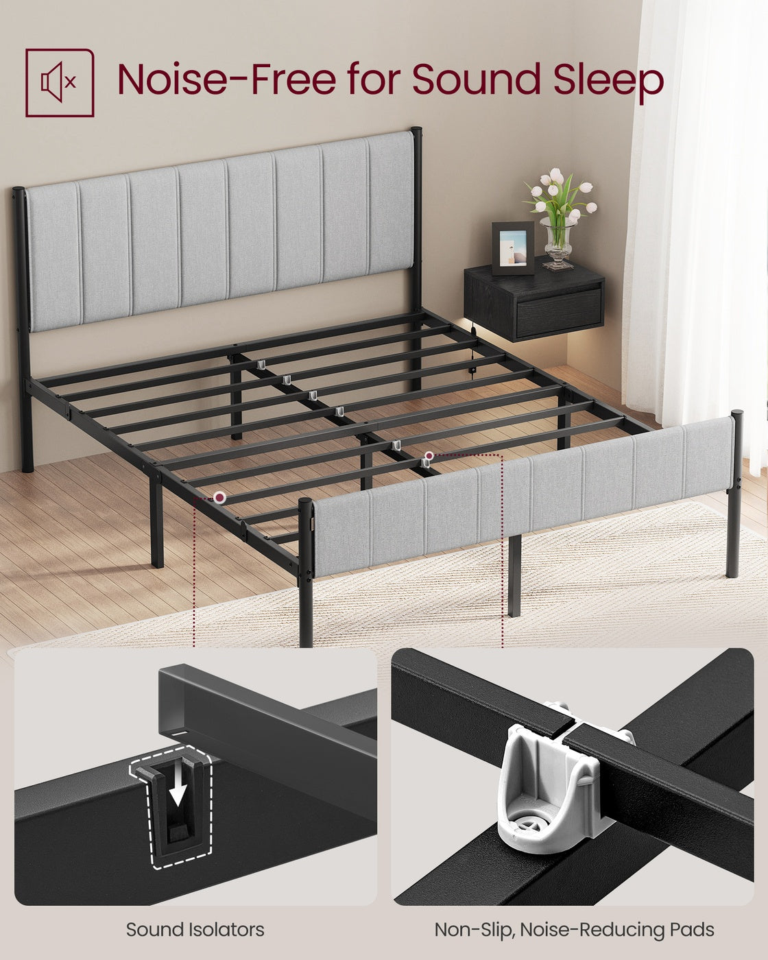 Queen Bed Frame - Upholstered Headboard - Steel Frame - No Box Spring Needed