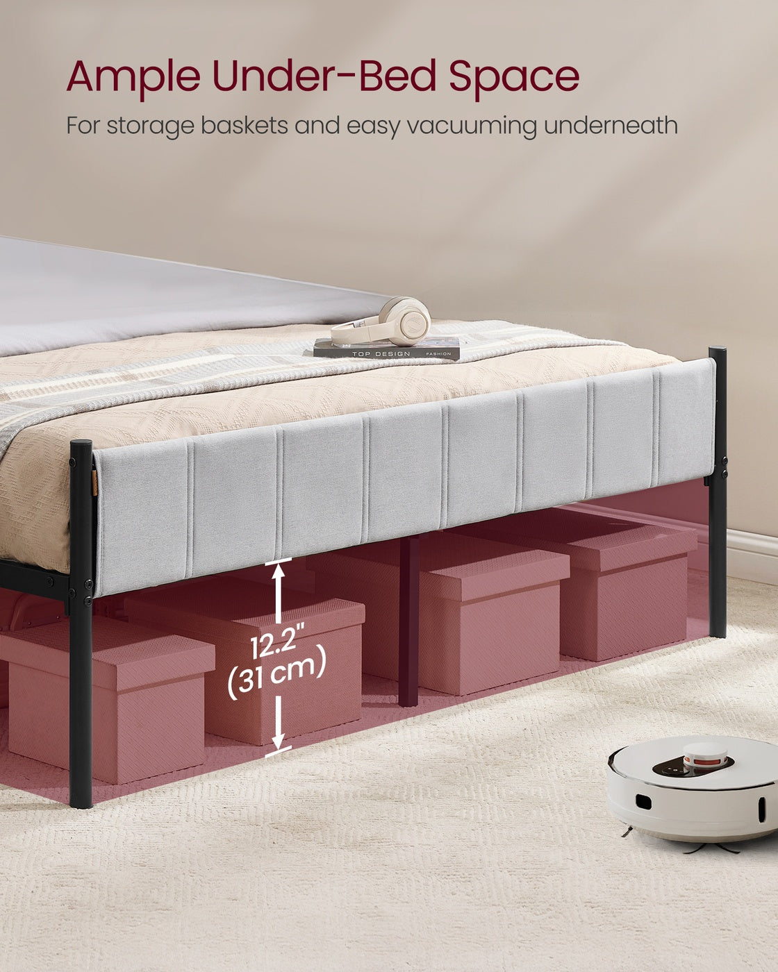 Queen Bed Frame - Upholstered Headboard - Steel Frame - No Box Spring Needed