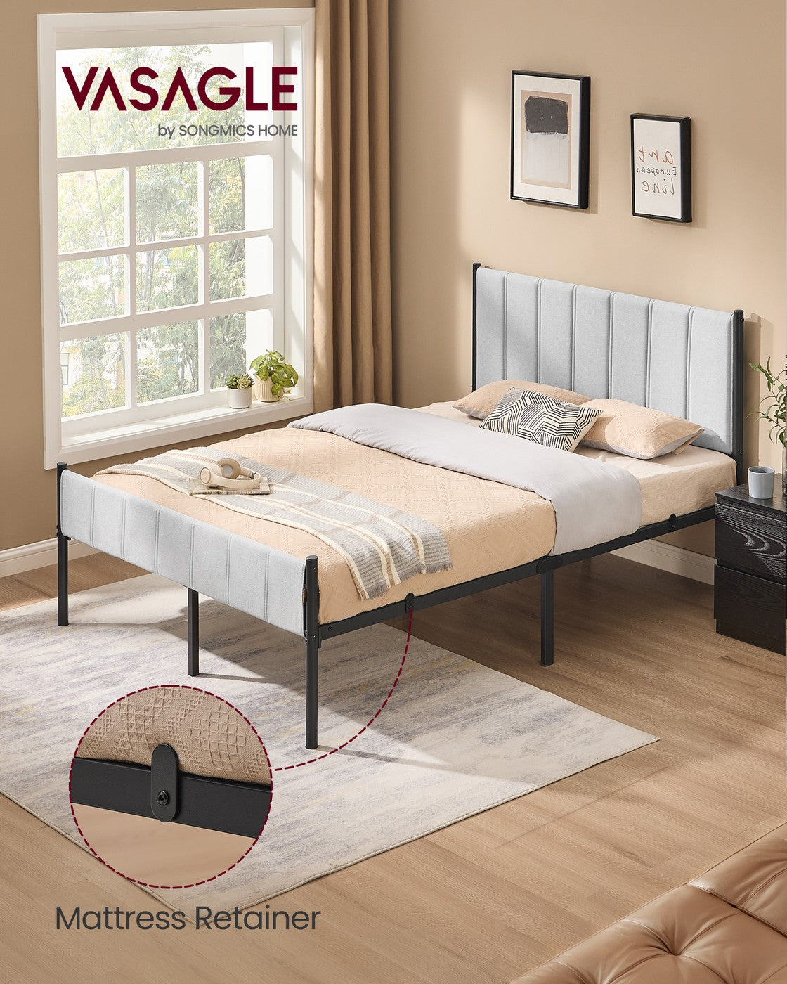 Full Bed Frame - Upholstered Headboard - Steel Frame - No Box Spring Needed