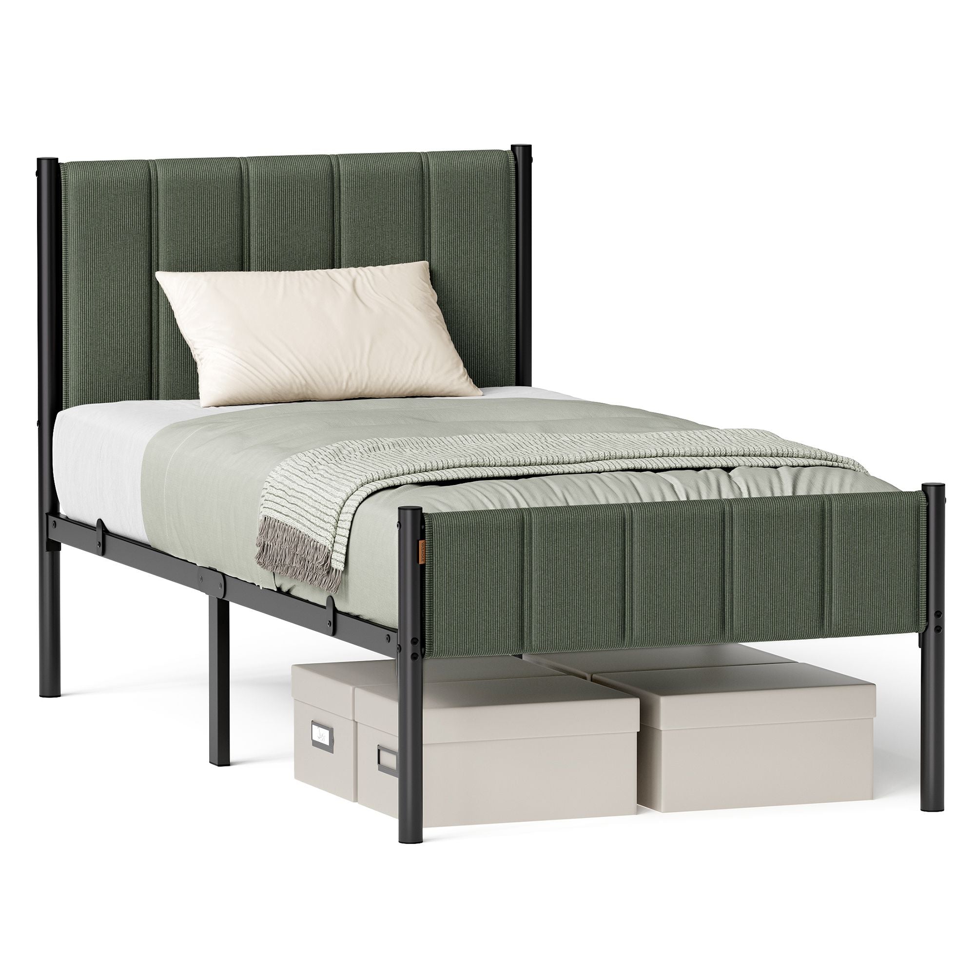 Twin Bed Frame - Upholstered Headboard - Steel Frame - No Box Spring Needed - Charcoal