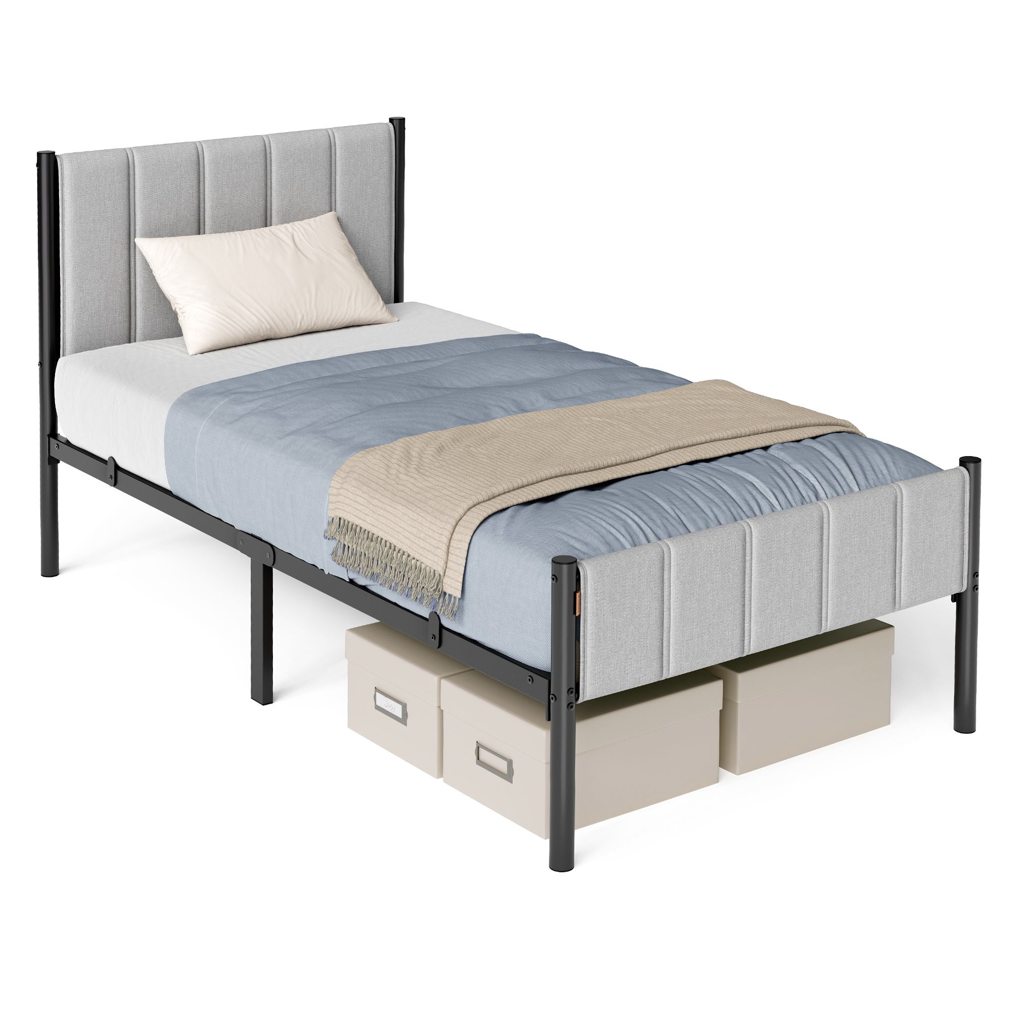 Twin Bed Frame - Upholstered Headboard - Steel Frame - No Box Spring Needed - Gray