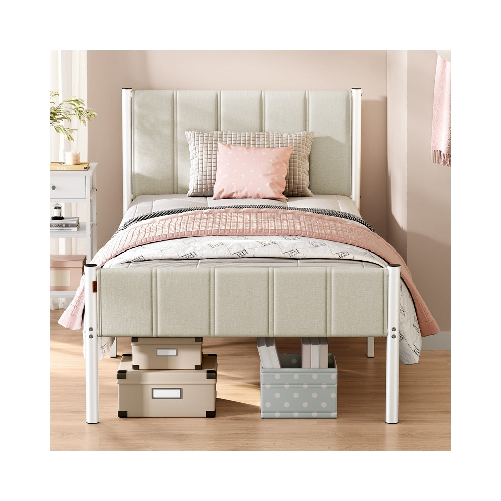 Twin Bed Frame - Upholstered Headboard - Steel Frame - No Box Spring Needed - Beige
