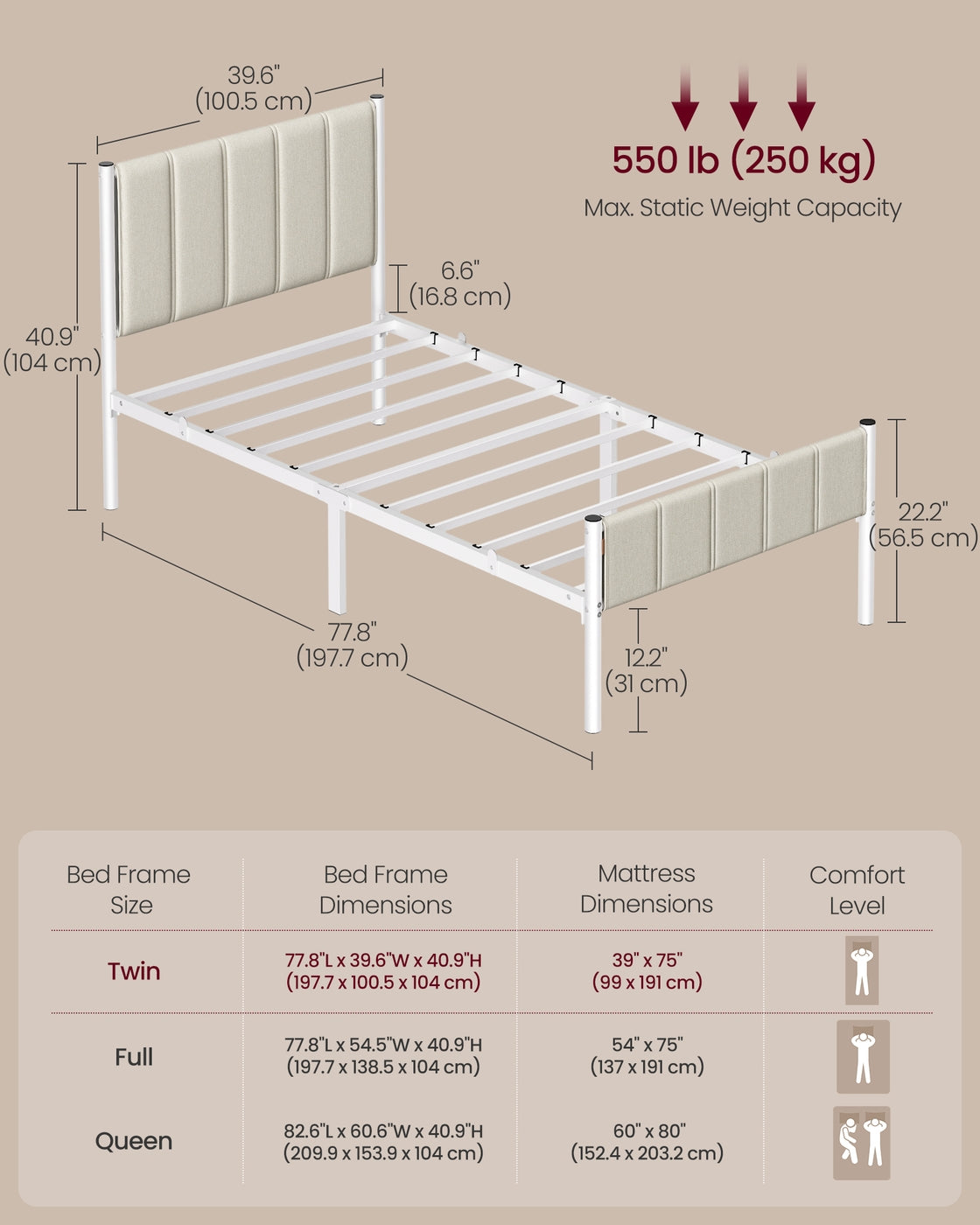 Twin Bed Frame - Upholstered Headboard - Steel Frame - No Box Spring Needed