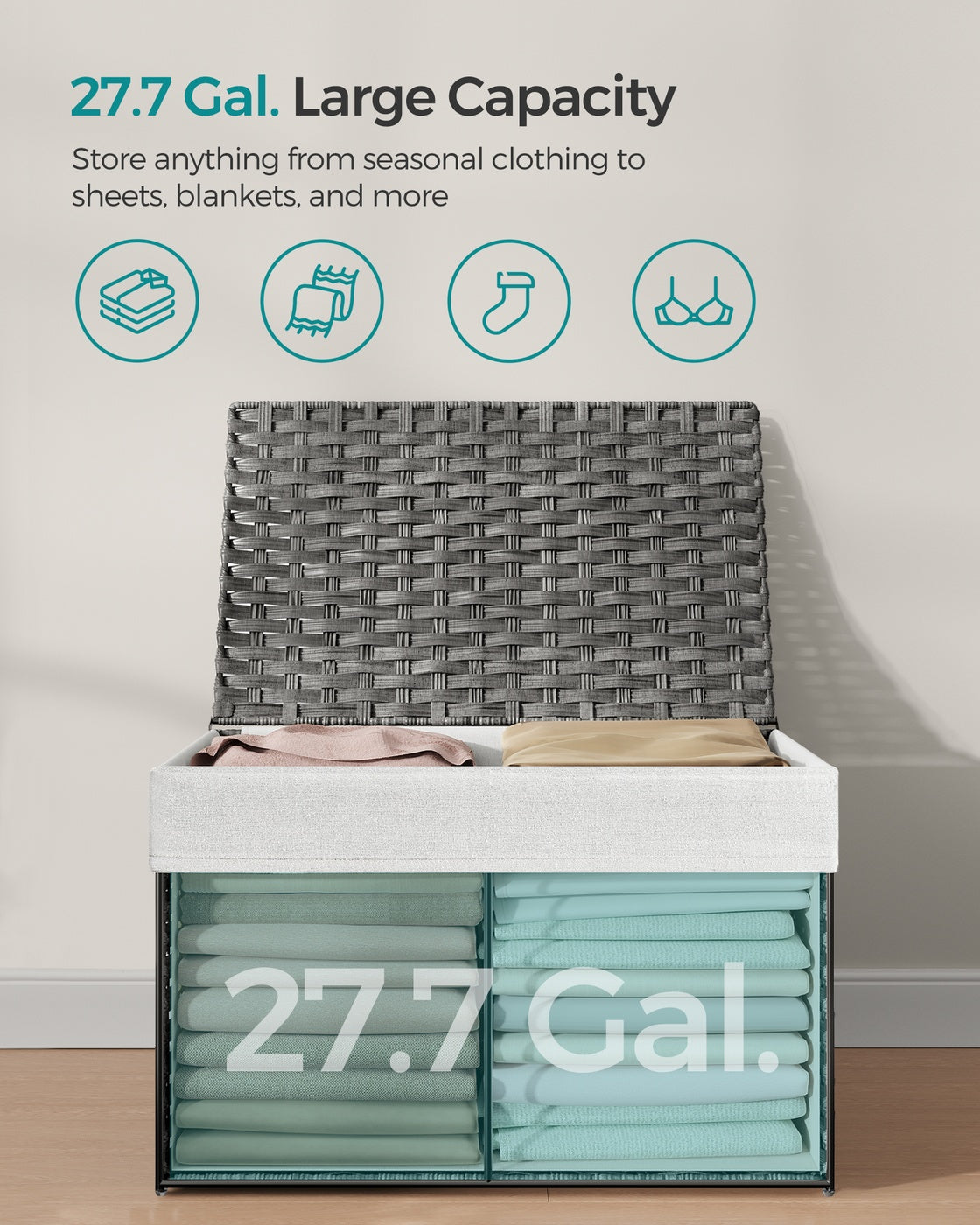 27.7 Gallon (105L) Woven Storage Basket with Lid and Handles Gray - Gray