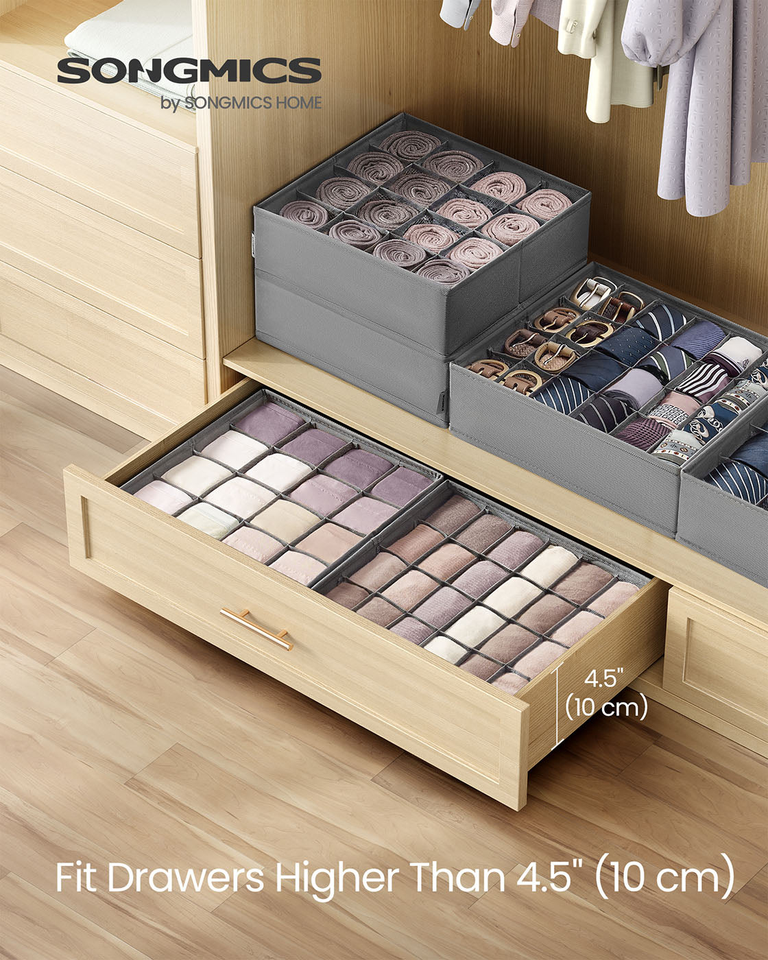 Set of 4 Closet Organizers for Underwear - 80 Cells - Dove Gray