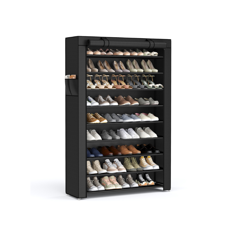 9 Tier Shoe Rack with Nonwoven Fabric Cover - Black - 11”D x 34.6”W x 63”H